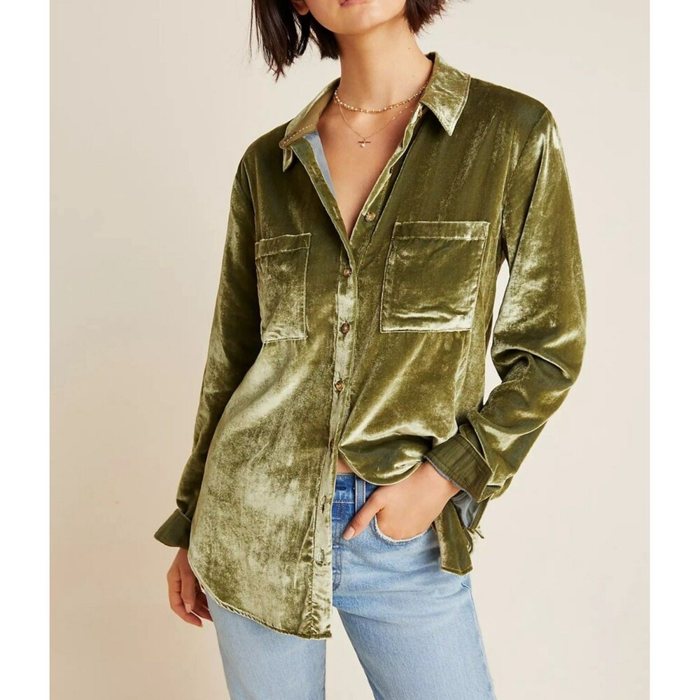 Maeve by Anthropologie Karina Velvet Button Up Shirt Olive Green Sz 2 Boho Artsy
